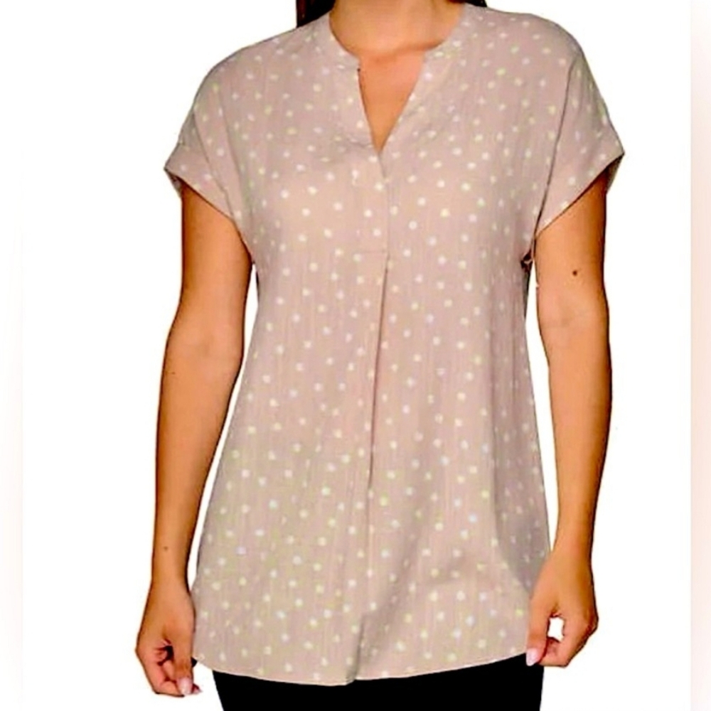 Polka Dot Short Sleeve Blouse - Tan